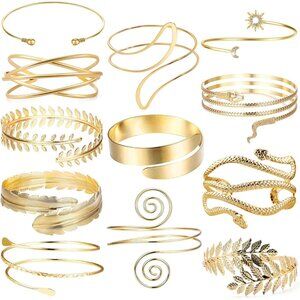Boho Luxe 12 Pcs Upper Arm Cuffs Set - Golden Stainless Steel Bracelets